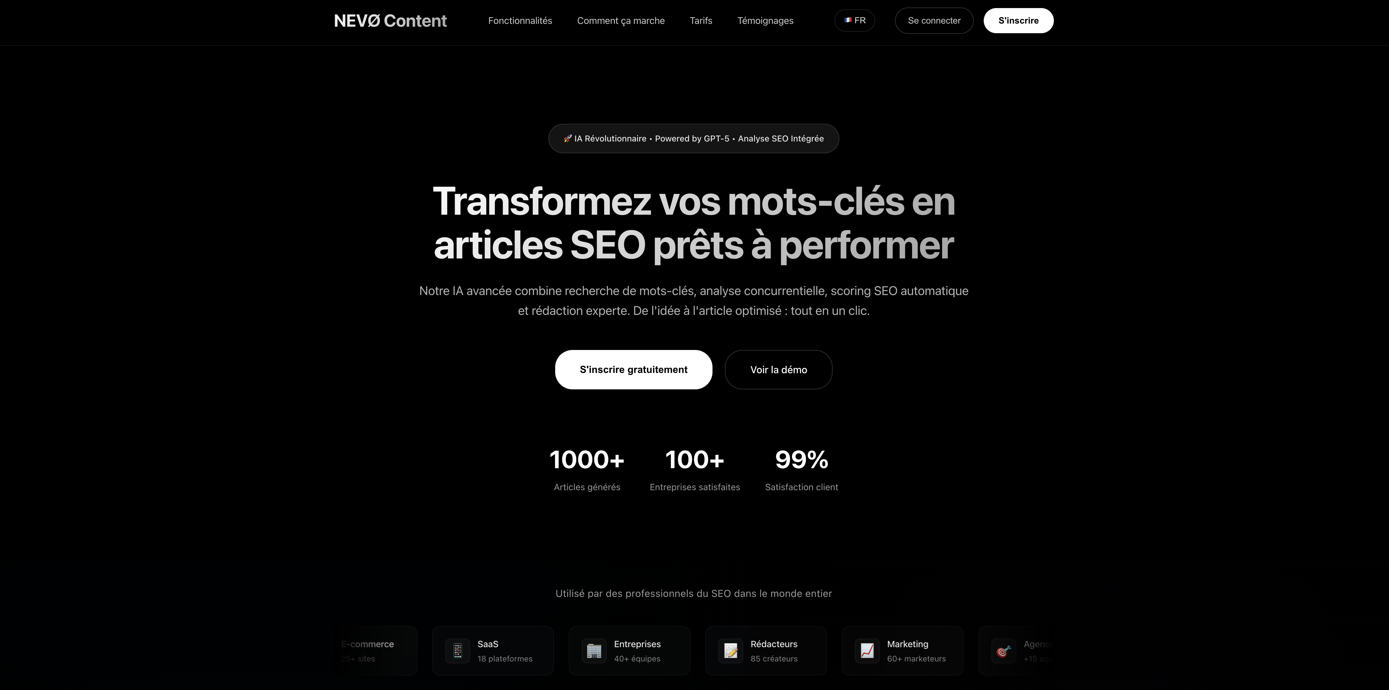 Plateforme NEVØ Content — génération de contenu SEO